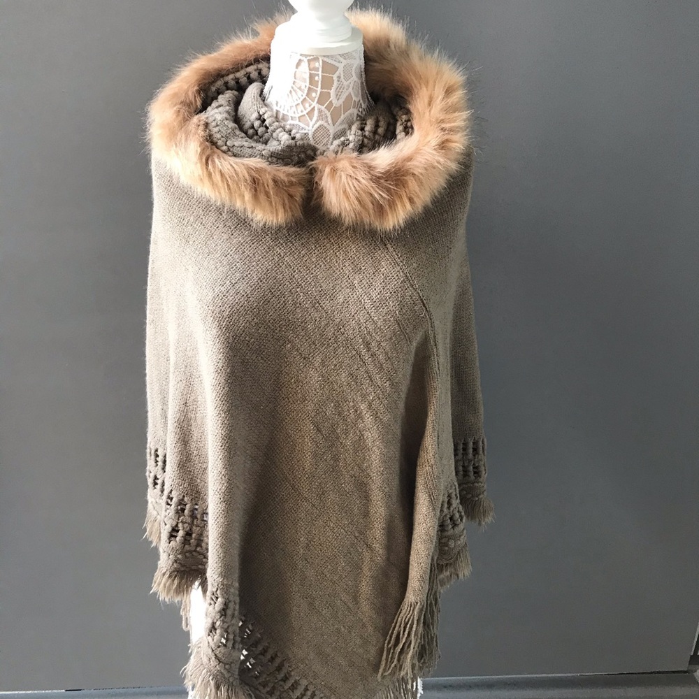 New Forever 21 Poncho Sweater with faux fur hood